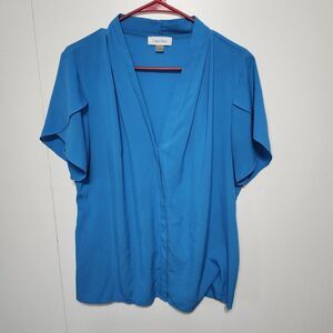 Calvin Klein Womens XL Blue V-Neck Flutter Sleeve Draped Blouse Top Shirt CK